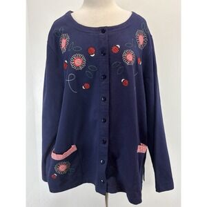 Vtg C&K Designs Cardigan Women's 3X Plus Navy Embroidered Appliqué Ladybugs